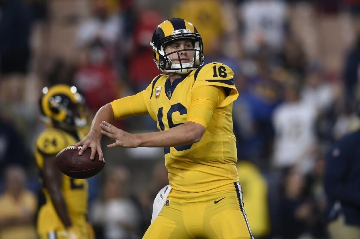 Rams quarterback Jared Goff passes during warmups before a game against the Kansas City Chiefs on Nov. 19.