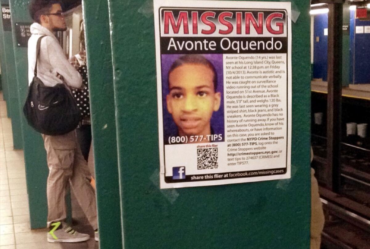 A poster for Avonte Oquendo, a 14-year-old boy with autism, is seen at a subway station in New York. Avonte's remains were found in January, more than three months after he wandered away from school.