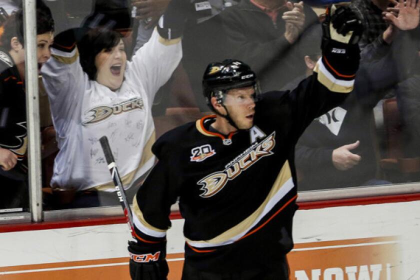 Ducks forward Saku Koivu celebrates after scoring a goal in a win over the Phoenix Coyotes on Dec. 28. Koivu has not made a decision yet on whether this will be his final NHL season.