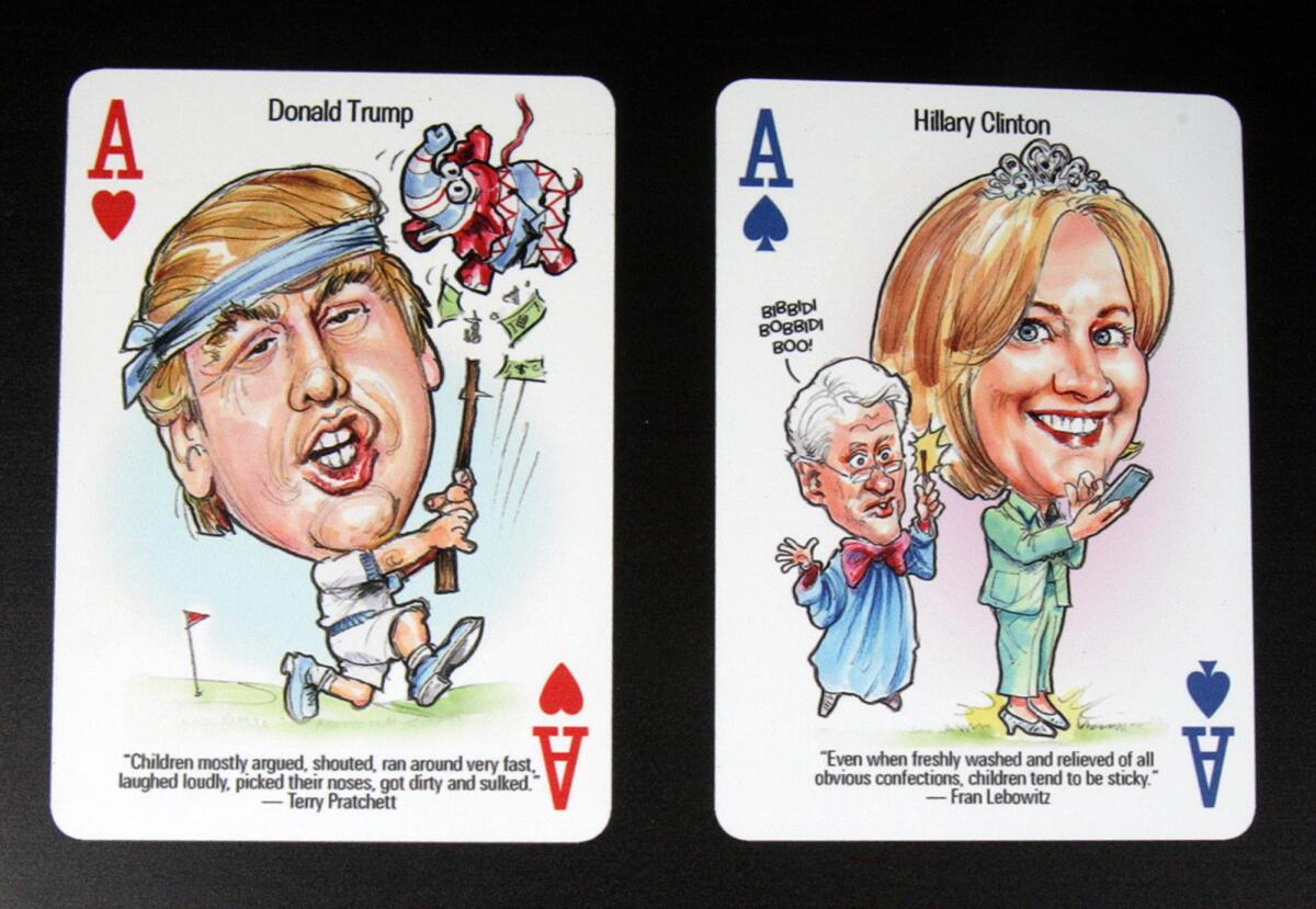 Peter Green, who has created Politicards since 1972, displays his newest edition of playing cards with childlike caricatures of current players in the election landscape.
