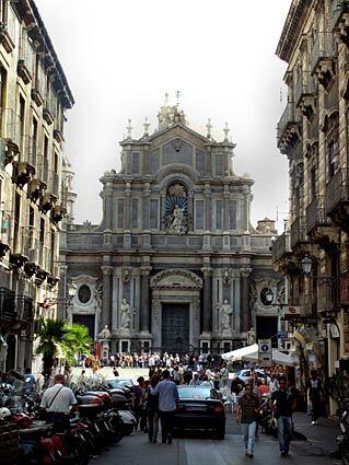 The Cathedral of St. Agata, Catania's Baroque Duomo, sits across from the fish market on a piazza that is a UNESCO World Heritage Monument.