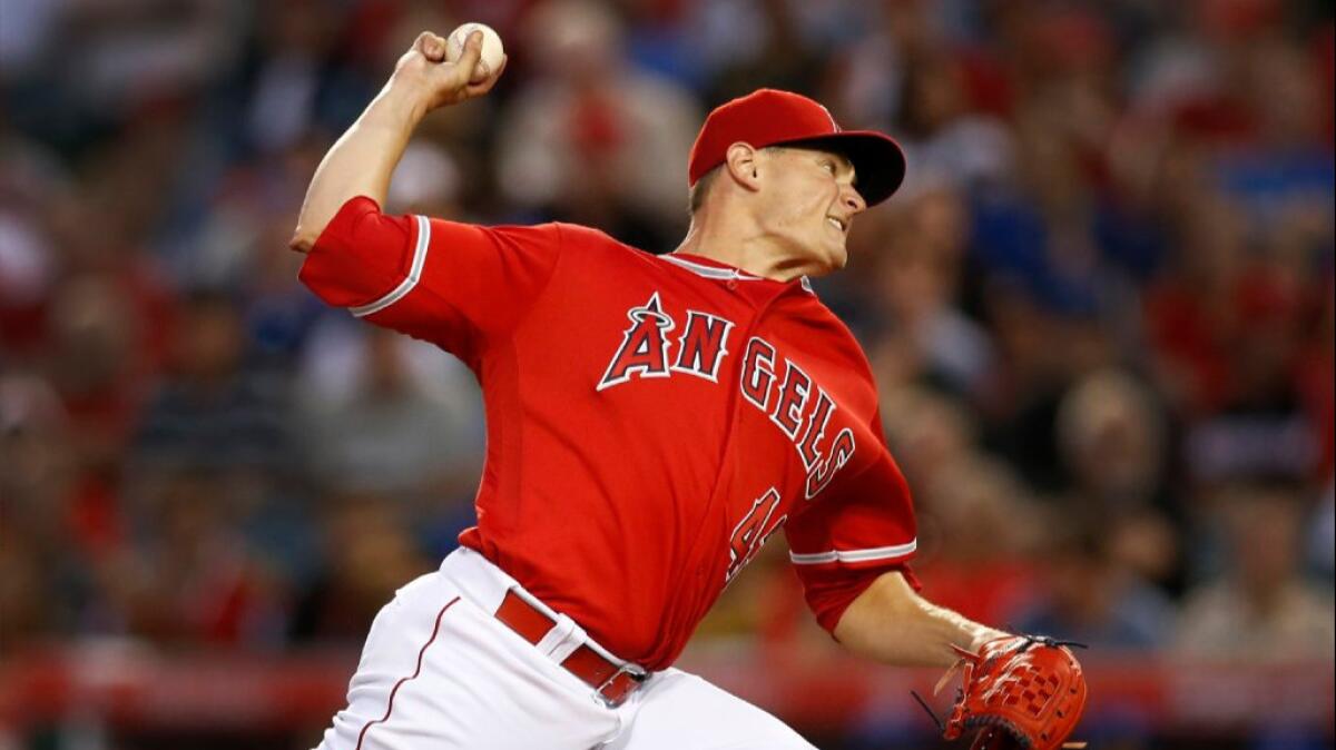 Angels right-hander Garrett Richards pitches in a game against the Chicago Cubs during a game on April 4.