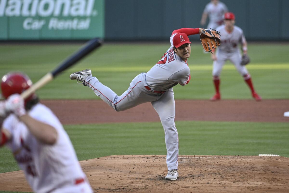 The Angels' Shohei Ohtani pitches against the St. Louis Cardinals on May 3, 2023.