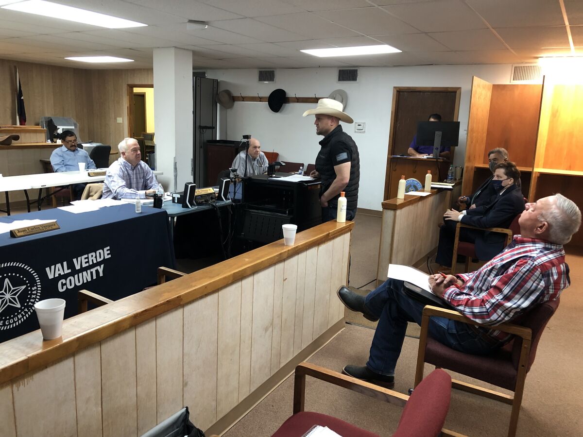 Patriots for America militia leader Samuel Hall addresses Val Verde County commissioners in south Texas in December.