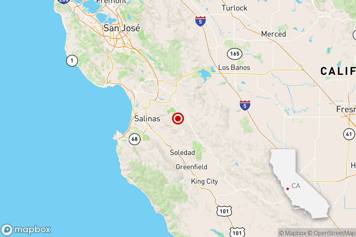 Map of where an earthquake was reported near Hollister, Calif.
