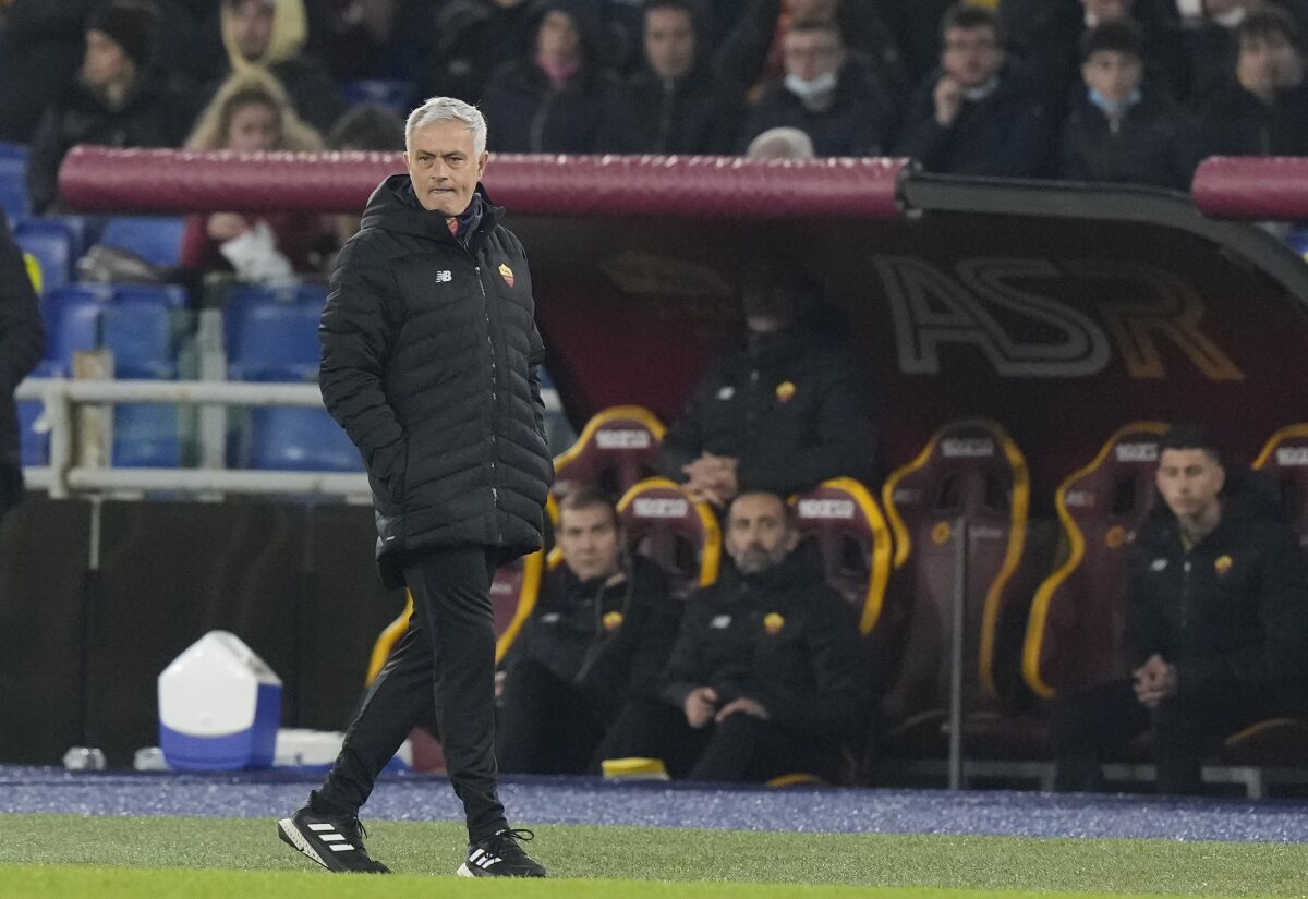 Roma's head coach Jose Mourinho walks during a Serie A soccer match between Roma and Inter Milan, at Rome's Olympic Stadium, Saturday, Dec. 4, 2021. (AP Photo/Andrew Medichini)