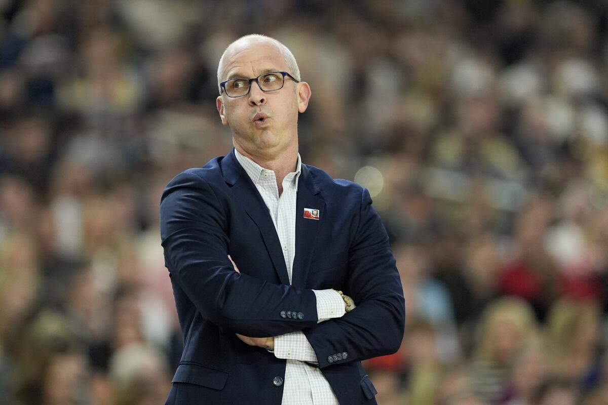 Connecticut coach Dan Hurley reacts during a Final Four win over Alabama on April 6.