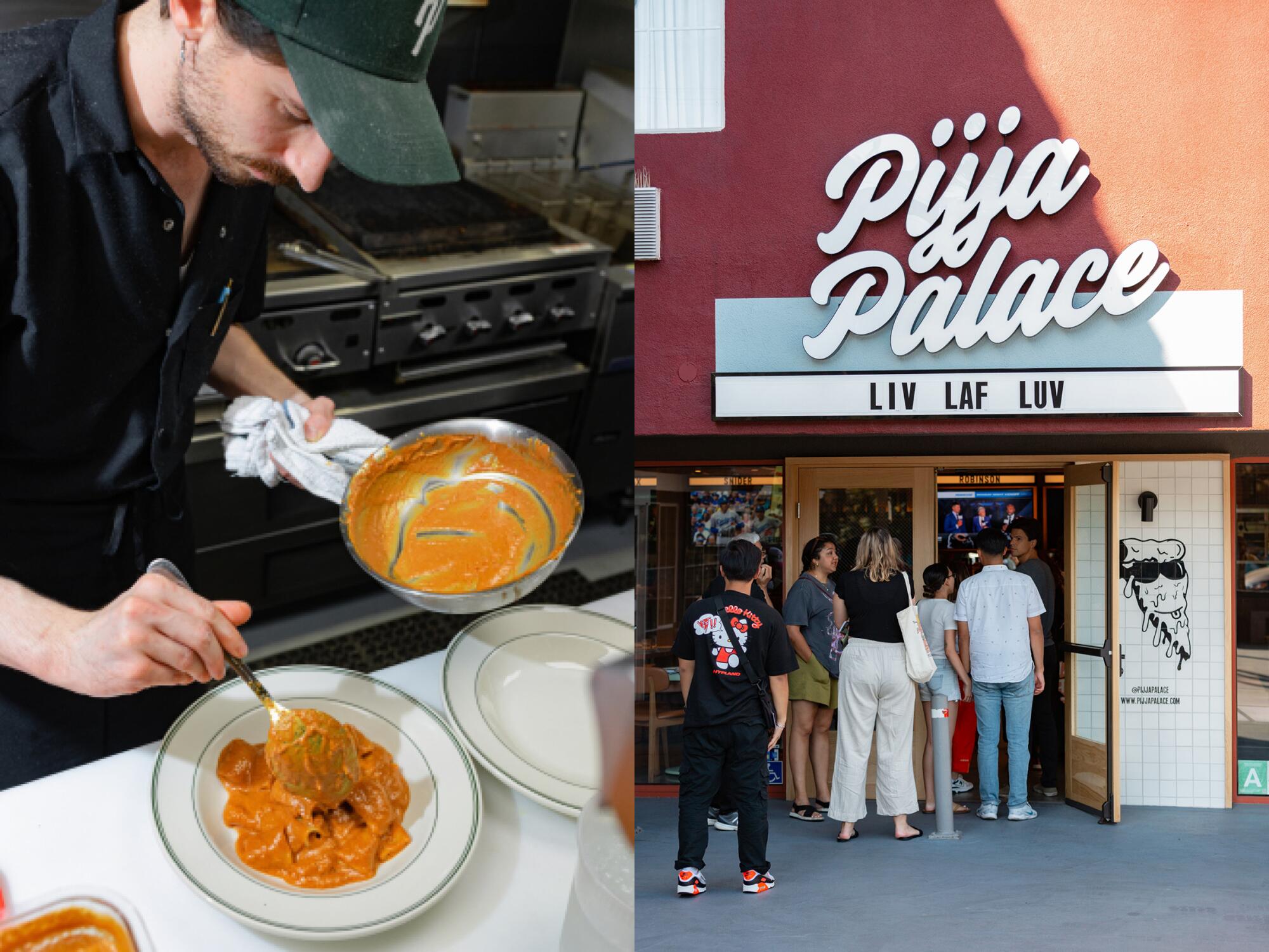 Left: Chef Miles Shorey prepares a plate of malai rigatoni. Right: The line of customers usually starts early.