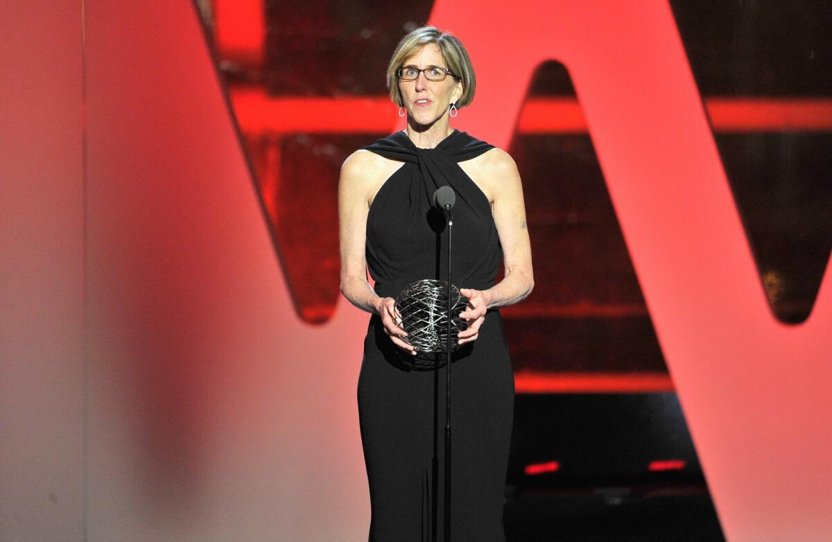 Dr. Helen Hobbs speaks onstage after accepting a Breakthrough Prize for her research into cardiovascular and liver diseases. Hobbs was one of five life sciences award winners; two other awards honored work in fields of physics and mathematics.