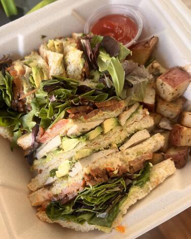 Vegan club sandwich and roasted potatoes from the Grain Cafe
