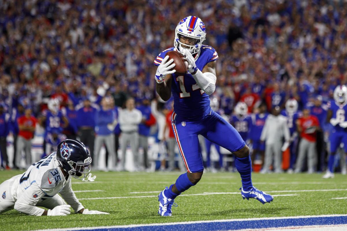 Buffalo Bills wide receiver Stefon Diggs catches a 14-yard touchdown pass against the Tennessee Titans.