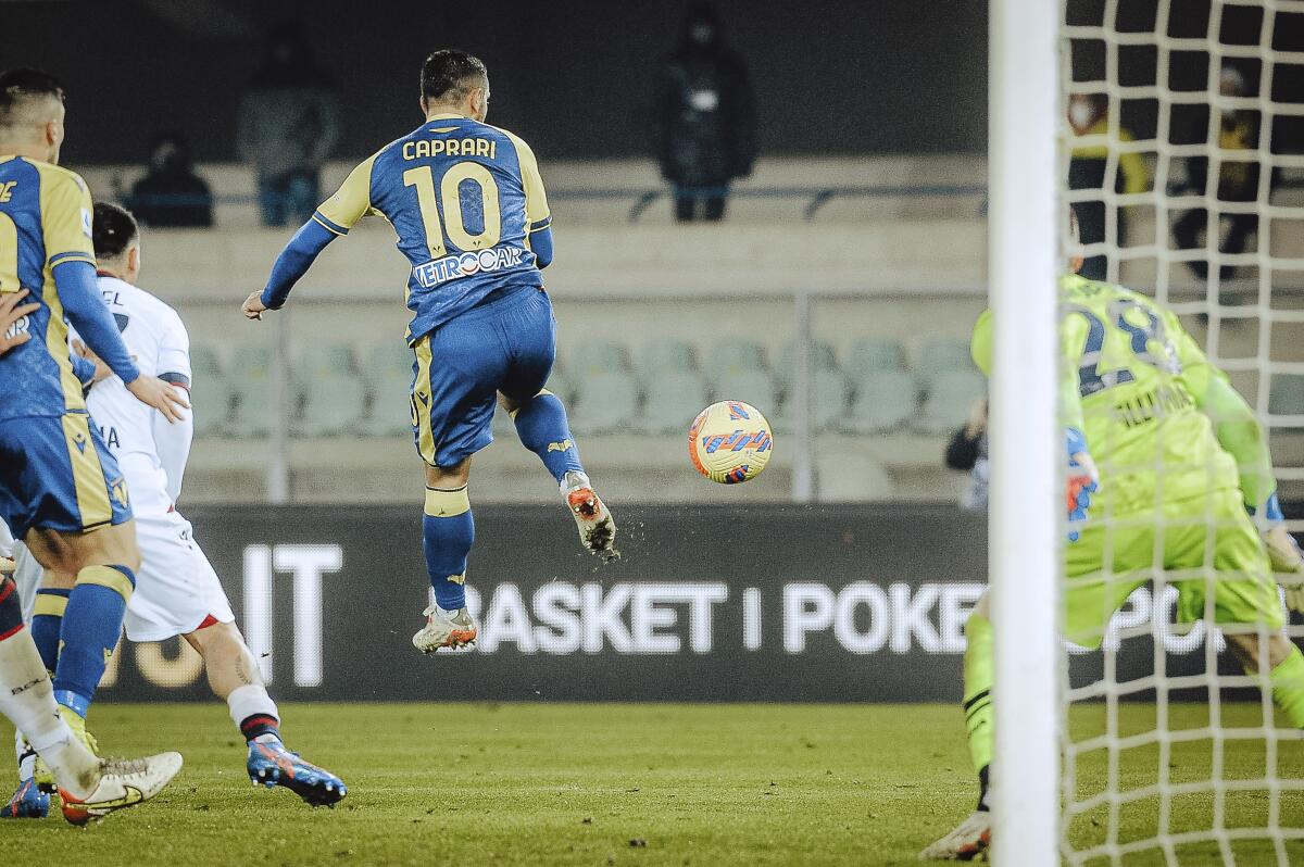 Verona's Gianluca Caprari scores during the Serie A soccer match between Hellas Verona and Bologna FC at L. Penzo stadium in Verona, Italy, Friday Jan. 21, 2022. (Claudio Martinelli/LaPresse via AP)