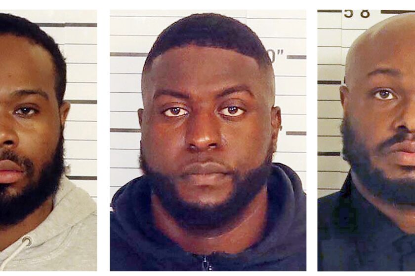 This combo of booking images provided by the Shelby County Sheriff's Office shows, from left, Tadarrius Bean, Demetrius Haley, Emmitt Martin III, Desmond Mills, Jr. and Justin Smith. Documents obtained by The Associated Press show four of the five Memphis Police Department officers had policy violations on their record before the Jan. 7, 2023, arrest, but nothing that rises to the brutality that led to Nichols’ death three days later. (Shelby County Sheriff's Office via AP)
