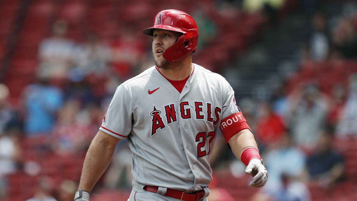 Los Angeles Angels' Mike Trout plays against the Boston Red Sox during the first inning of a baseball game.