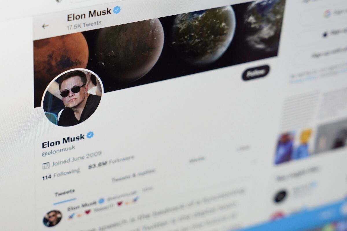 The Twitter page of Elon Musk is seen on the screen of a computer in Sausalito, Calif.