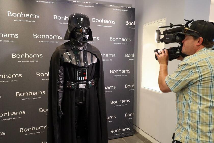 Mandatory Credit: Photo by EUGENE GARCIA/EPA-EFE/REX (10227822d) A Darth Vader costume from Star Wars: Episode V - The Empire Strikes Back with an estimated auction price of $1-2M is shown on display at Bonhams auctioneers in Los Angeles, California, USA, 03 May 2019. Bonhams and Turner Classic Movies will put the items up for sale on May 14 in the TCM Presents ... Wonders of the Galaxy auction. Darth Vader costume up for auction, Los Angeles, USA - 03 May 2019 ** Usable by LA, CT and MoD ONLY **