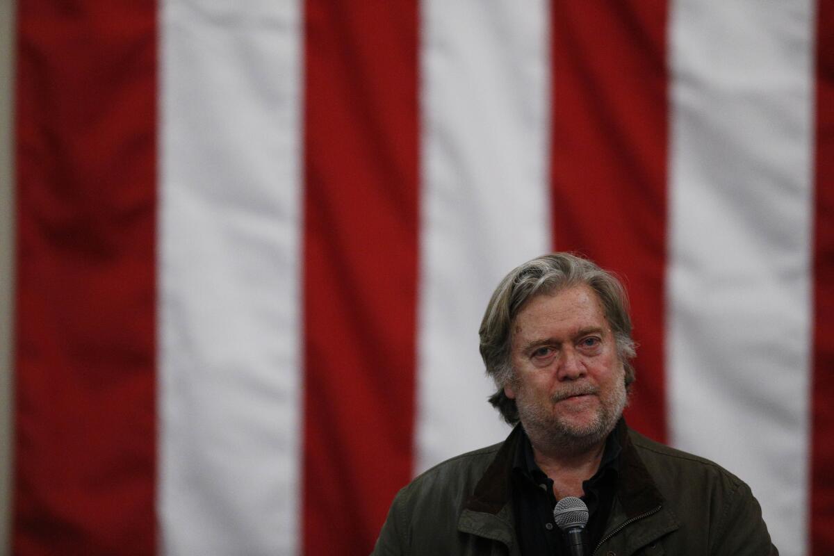 Steve Bannon at a Roy Moore rally Monday night in Midland City, Ala.