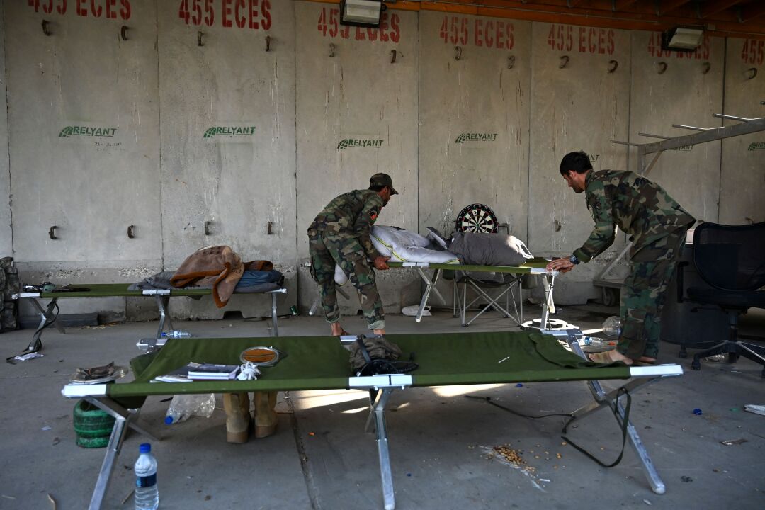 
Green cots sit in a room with concrete walls.