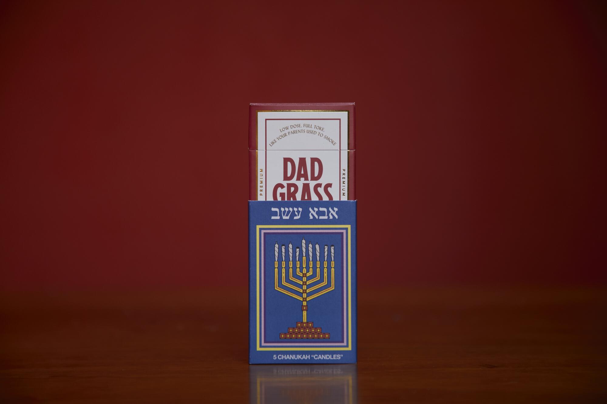 Dad Grass' pack of prerolls are camouflaged as a box of Hanukkah candles