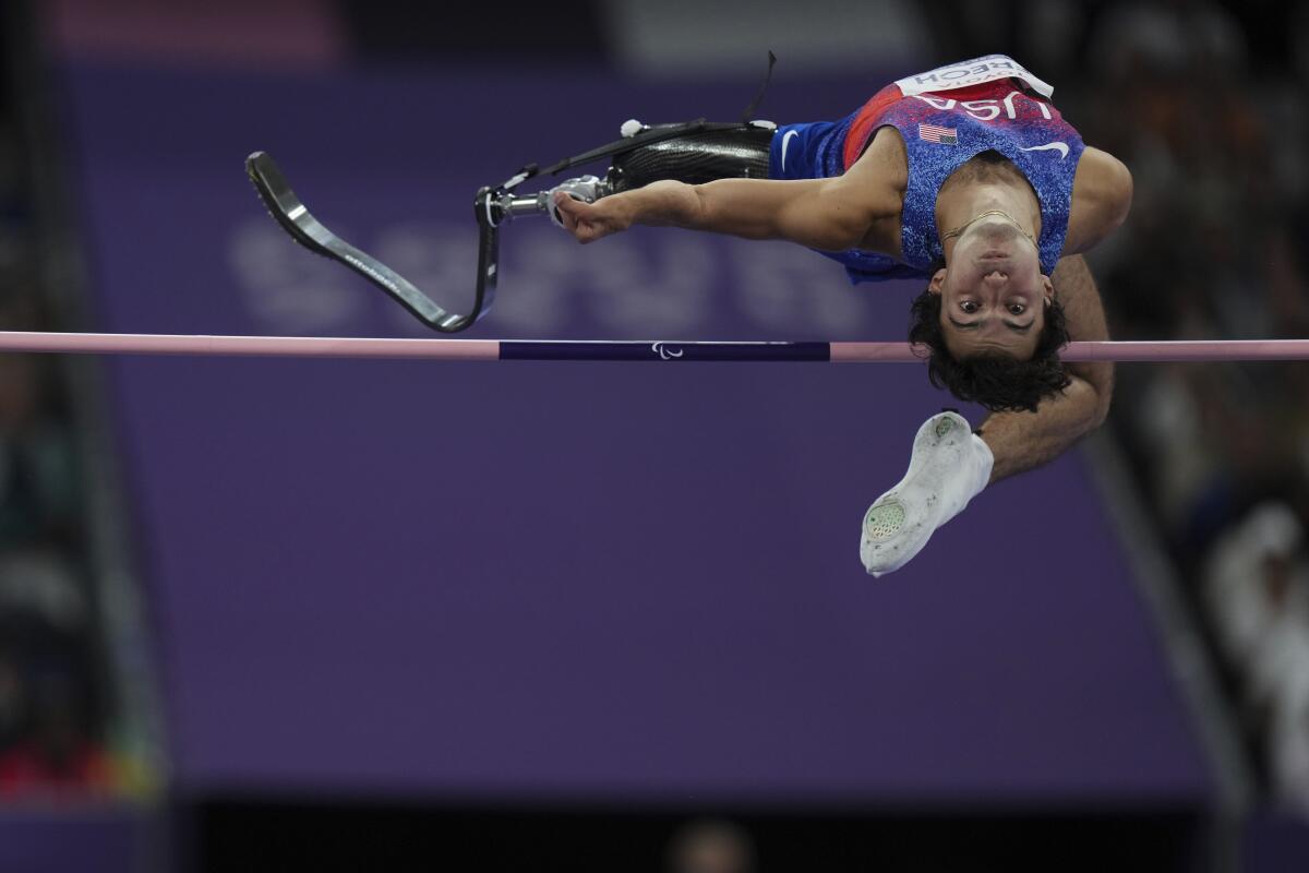 American Ezra Frech competes during the men's high jump T63 final during the 2024 Paralympics Tuesday in Paris.