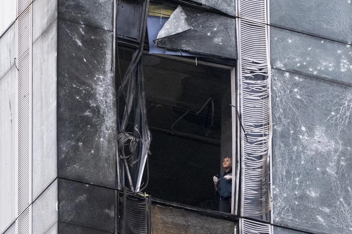Close-up of damaged skyscraper in Moscow