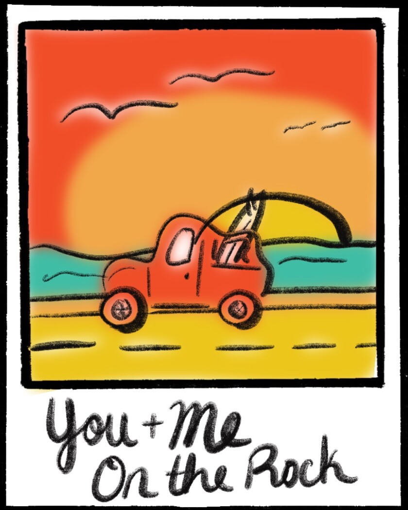 Illustrated polaroid of car with a surfboard cruising along ocean.