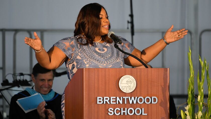 Employment lawyer Angela Reddock-Wright delivers the commencement address at her alma mater, Brentwood School in Los Angeles, on June 1.