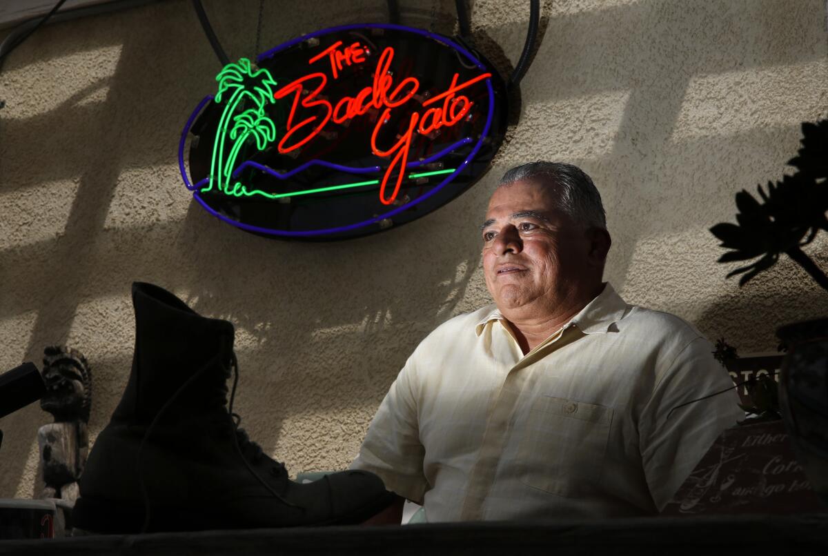 Assemblyman Rocky Chavez in his backyard bar the Back Gate, named for the nearby rear entrance to Camp Pendleton. Chavez spent 28 years in the Marines before running for City Council in Oceanside.