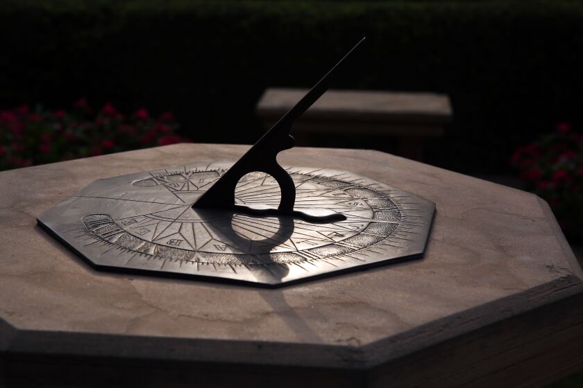 LOS ANGELES, CA - SEPTEMBER 08: A sundial is seen at the Self Realization Fellowship headquarters in Mt. Washington on Tuesday, Sept. 8, 2020 in Los Angeles, CA. The Self Realization Center was founded 100 years ago in 1920 by Paramahansa Yogananda, an Indian swami who has been credited with bringing the philosophy of yoga to the United States. Roughy 140 monks and nuns live on the grounds. (Dania Maxwell / Los Angeles Times)