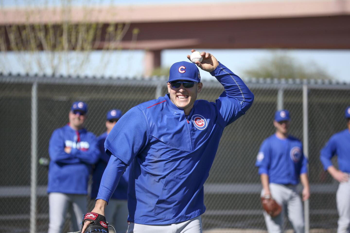 Anthony Rizzo fields fly balls during spring training at Sloan Park Friday, Feb. 26, 2016, in Mesa, Ariz.
