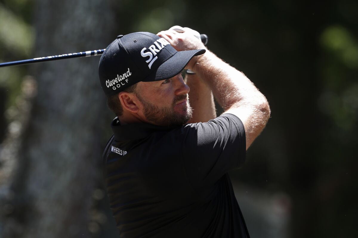 Graeme McDowell tees off at No. 16 during the first round of the RBC Heritage golf tournament on June 18, 2020.