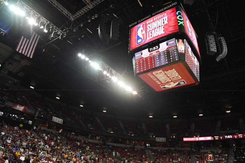 LAS VEGAS, NEVADA - JULY 05: Some fans head for the exits after an earthquake shook the Thomas & Mack Center during a game between the New Orleans Pelicans and the New York Knicks during the 2019 NBA Summer League at the Thomas & Mack Center on July 5, 2019 in Las Vegas, Nevada. NOTE TO USER: User expressly acknowledges and agrees that, by downloading and or using this photograph, User is consenting to the terms and conditions of the Getty Images License Agreement. (Photo by Ethan Miller/Getty Images) ** OUTS - ELSENT, FPG, CM - OUTS * NM, PH, VA if sourced by CT, LA or MoD **