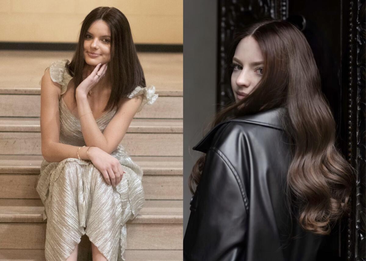 A model shows two versions of a bridal wig.