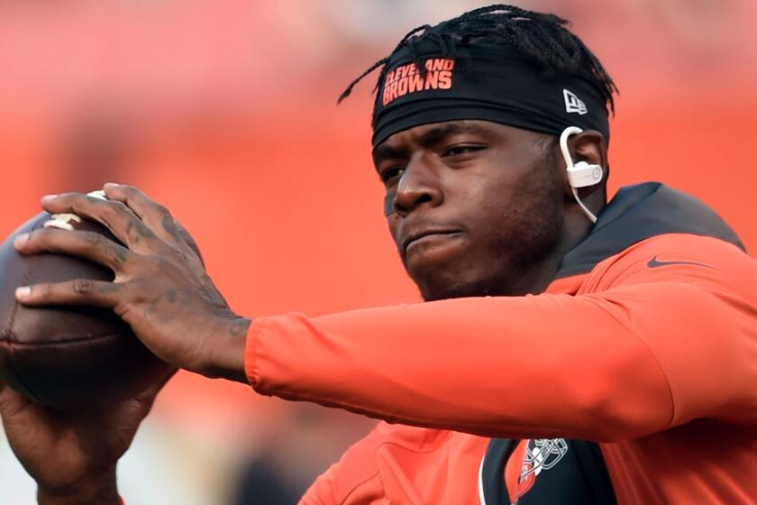 FILE - In this Sept. 1, 2016, file photo, Cleveland Browns wide receiver Josh Gordon warms up before an NFL preseason football game against the Chicago Bears in Cleveland. Revealing he was âscared for my life,â suspended Browns wide receiver Josh Gordon is making his case to be reinstated by the NFL. Gordon, who was indefinitely suspended by the league before the 2015 season following another violation of the leagueâs substance-abuse policy, detailed his life-long drug abuse, the depths of his addiction and determination to turn his life around in a video released Tuesday, Oct. 10, 2017, on âUninterrupted,â a media platform for athletes produced by NBA star LeBron James. (AP Photo/David Richard, File)