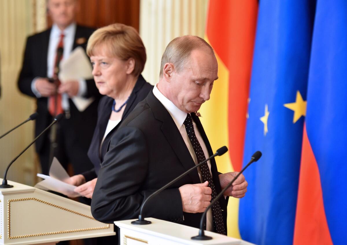 German Chancellor Angela Merkel and Russian President Vladimir Putin didn't see eye to eye on much during their talks in the Kremlin on Sunday and at a news conference that followed.