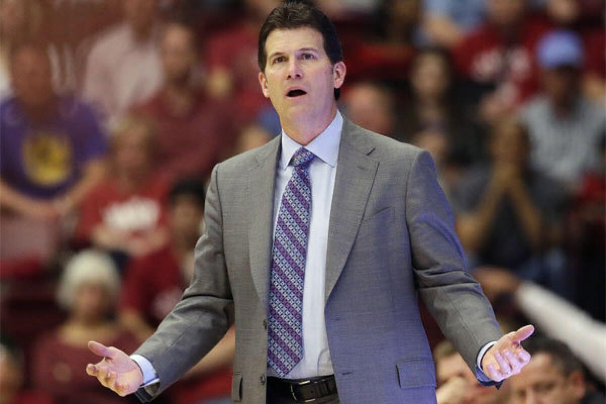 UCLA Coach Steve Alford argues a call during the Bruins' 83-74 loss to Stanford.