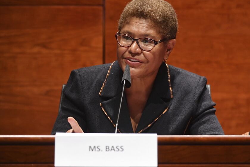 Rep. Karen Bass, D-Calif., speaks during a House Judiciary Committee markup of the Justice in Policing Act of 2020 on Capitol Hill in Washington, Wednesday, June 17, 2020. (Kevin Dietsch/Pool via AP)