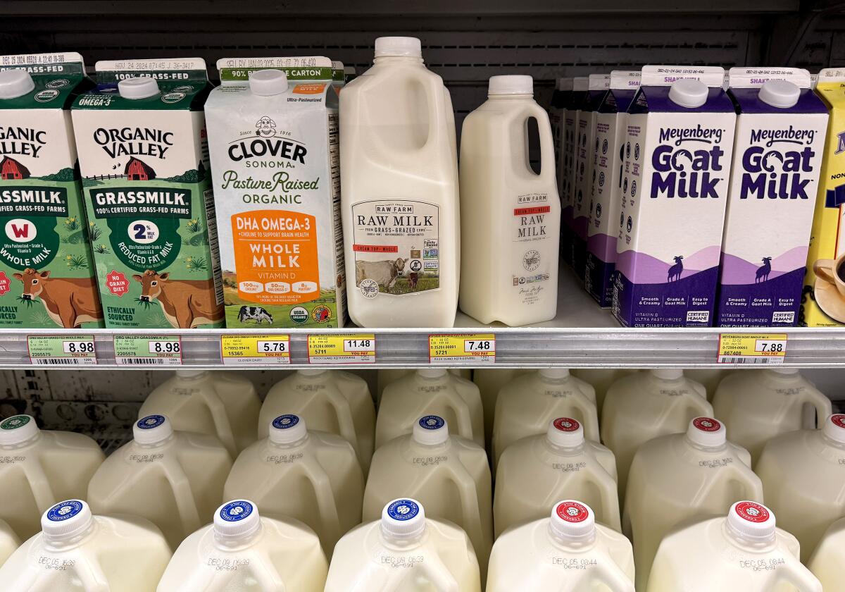 Các hộp sữa được trưng bày trên kệ tại một cửa hàng tạp hóa ở San Anselmo, California.