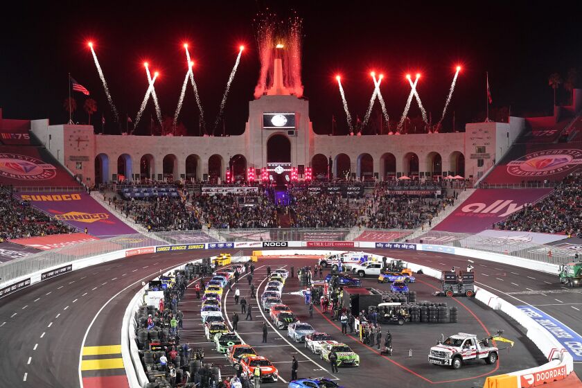Fireworks goes off during halftime of the Busch Light Clash NASCAR exhibition auto race at Los Angeles Memorial Coliseum Sunday, Feb. 5, 2023, in Los Angeles. (AP Photo/Mark J. Terrill)