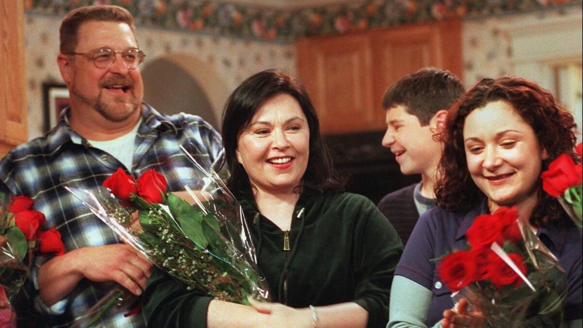 John Goodman, Barr, Michael Fishman, and Sara Gilbert on the series finale taping of "Roseanne" on April 4, 1997.