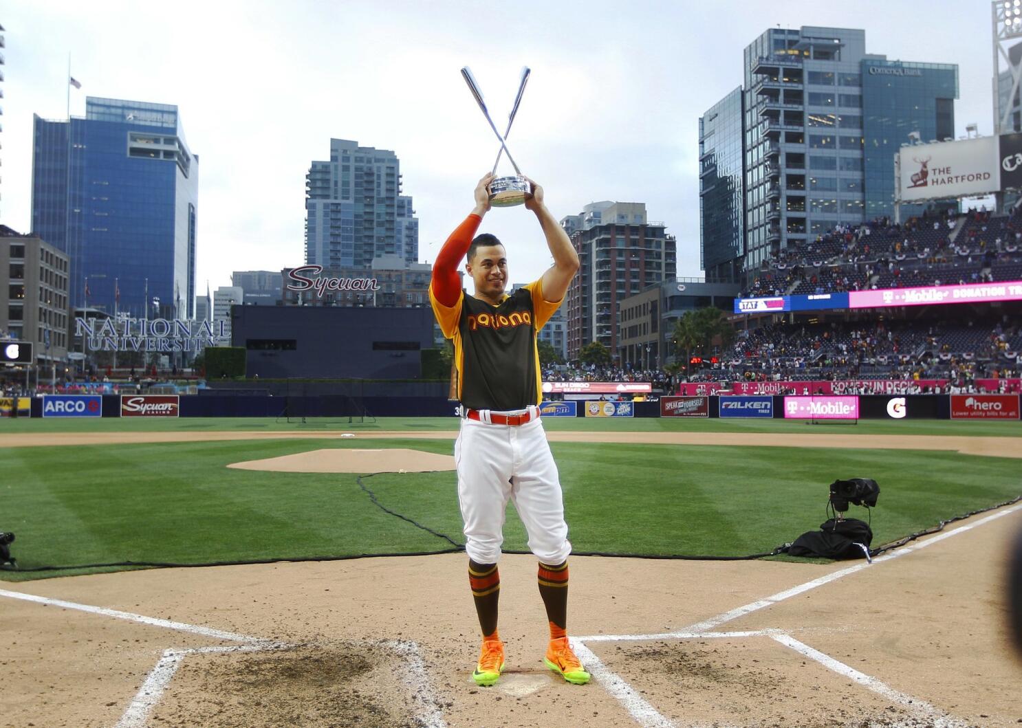 Giancarlo Stanton Gives His Pick For Home Run Derby, Giancarlo Stanton is  rocking with the defending champ tonight. 🏆🏆🏆, By theScore