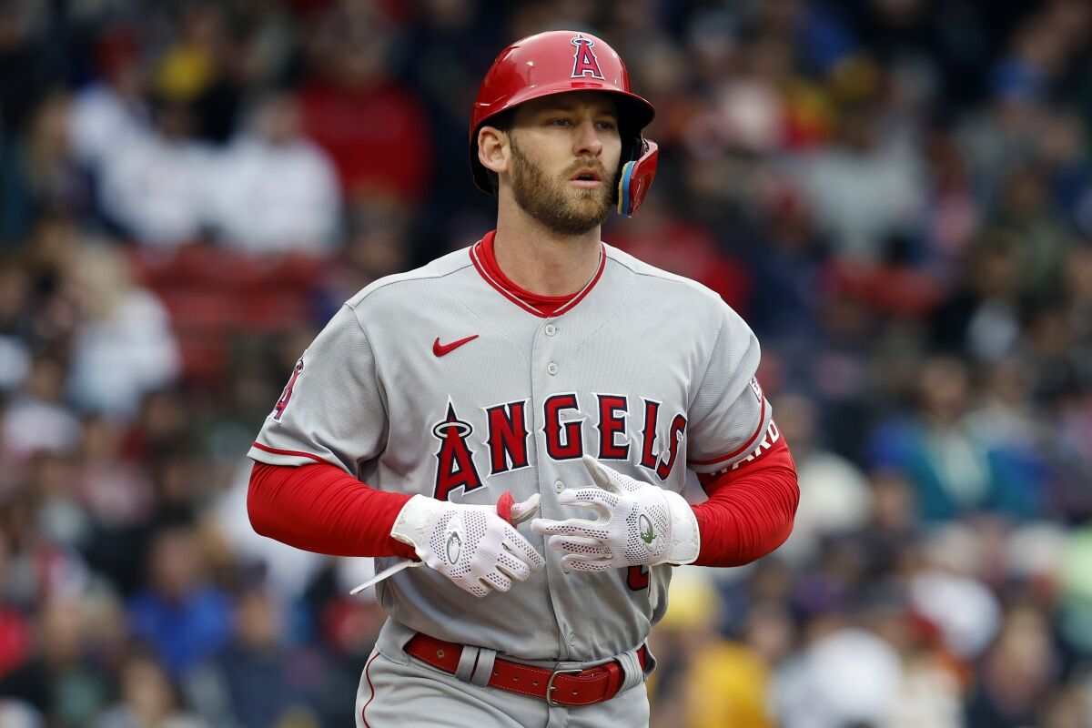 Angels' Taylor Ward plays against the Boston Red Sox in Boston.