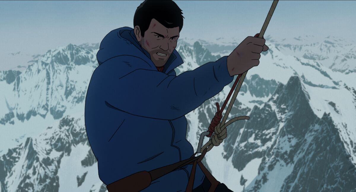 An illustration of a man rappelling down a snowy mountain.