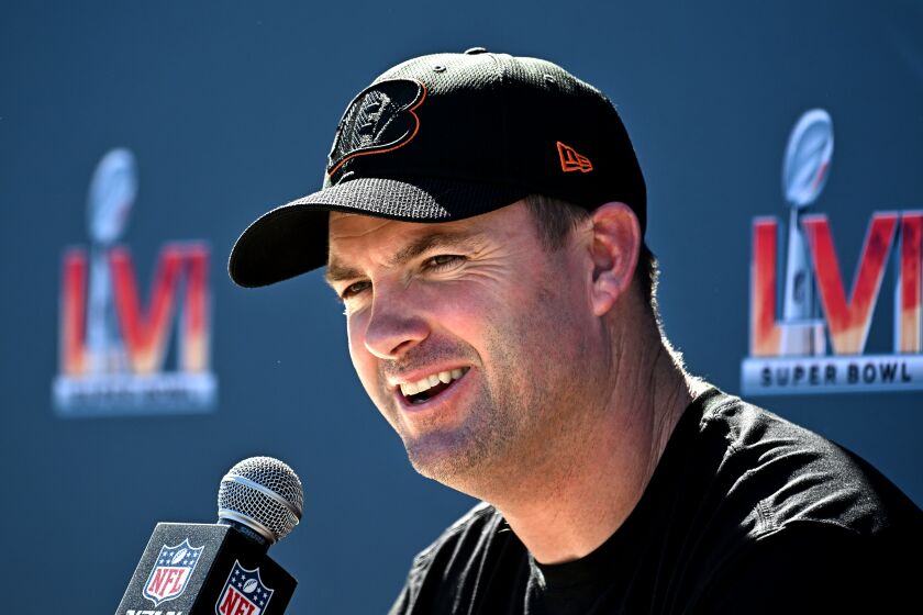 Los Angeles, California February 11, 2022: Bengals head coach Zac Taylor speaks to the press during media day before the Super Bowl at UCLA Friday. (Wally Skalij/Los Angeles Times)
