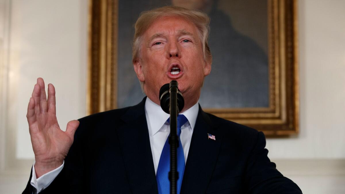 President Trump makes a statement on Iran policy in the Diplomatic Reception Room of the White House in Washington on Oct. 13, 2017.