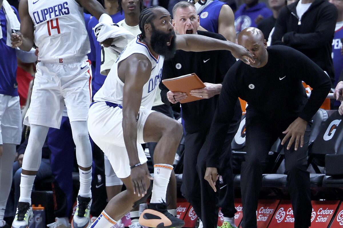 Clippers guard James Harden questions a referee's call during the second half.