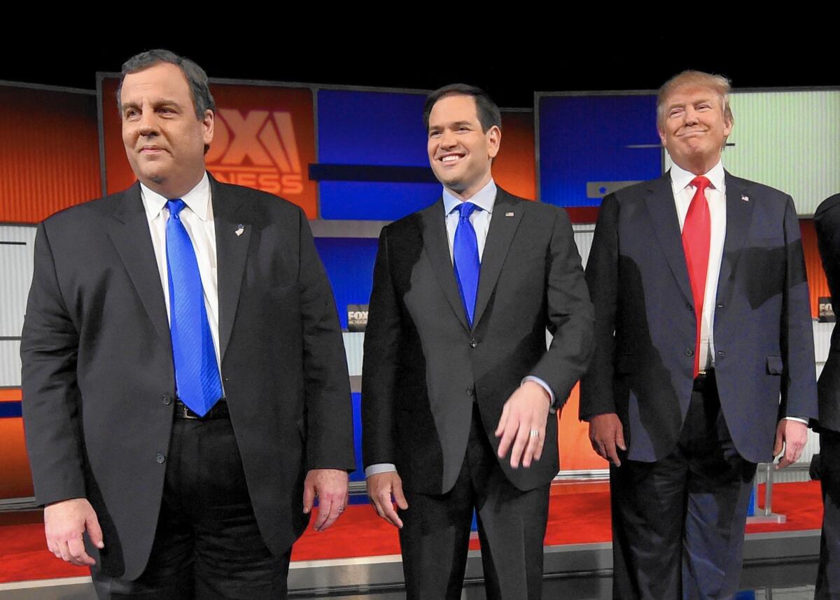 New Jersey Gov. Chris Christie, left, and Florida Sen. Marco Rubio hope to position themselves as the best establishment alternative for the Republican presidential nomination to businessman Donald Trump.
