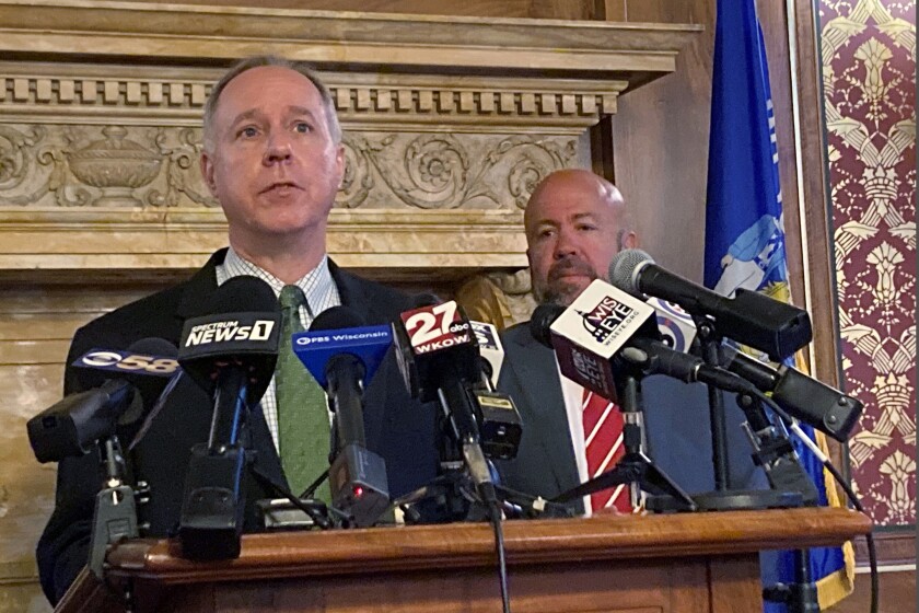 FILE - Assembly Speaker Robin Vos speaks at the Capitol in Madison, on July 27, 2021. (AP Photo/Scott Bauer, File)