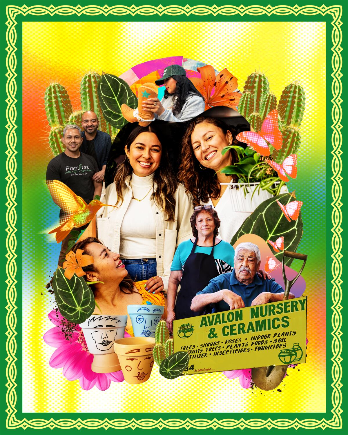 Latino people in a colorful photo collage surrounded by plants, ceramic pots and butterflies