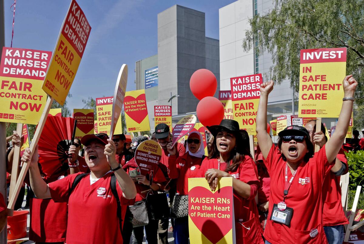 Nurses stage a protest at Kaiser Permanente's Los Angeles Medical Center in March.